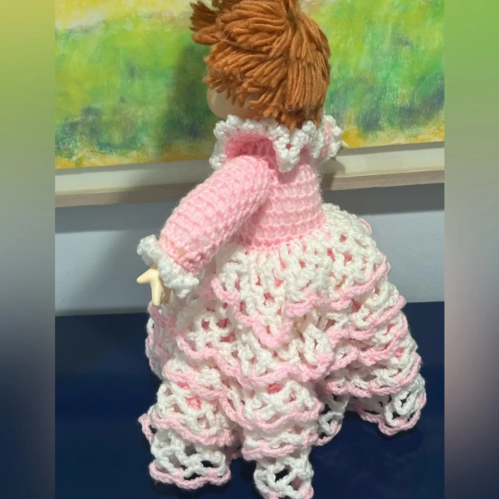 Ice Cream Doll 15” Red Yarn Hair Pink Crochet Ruffle Dress Plastic Vintage 80s